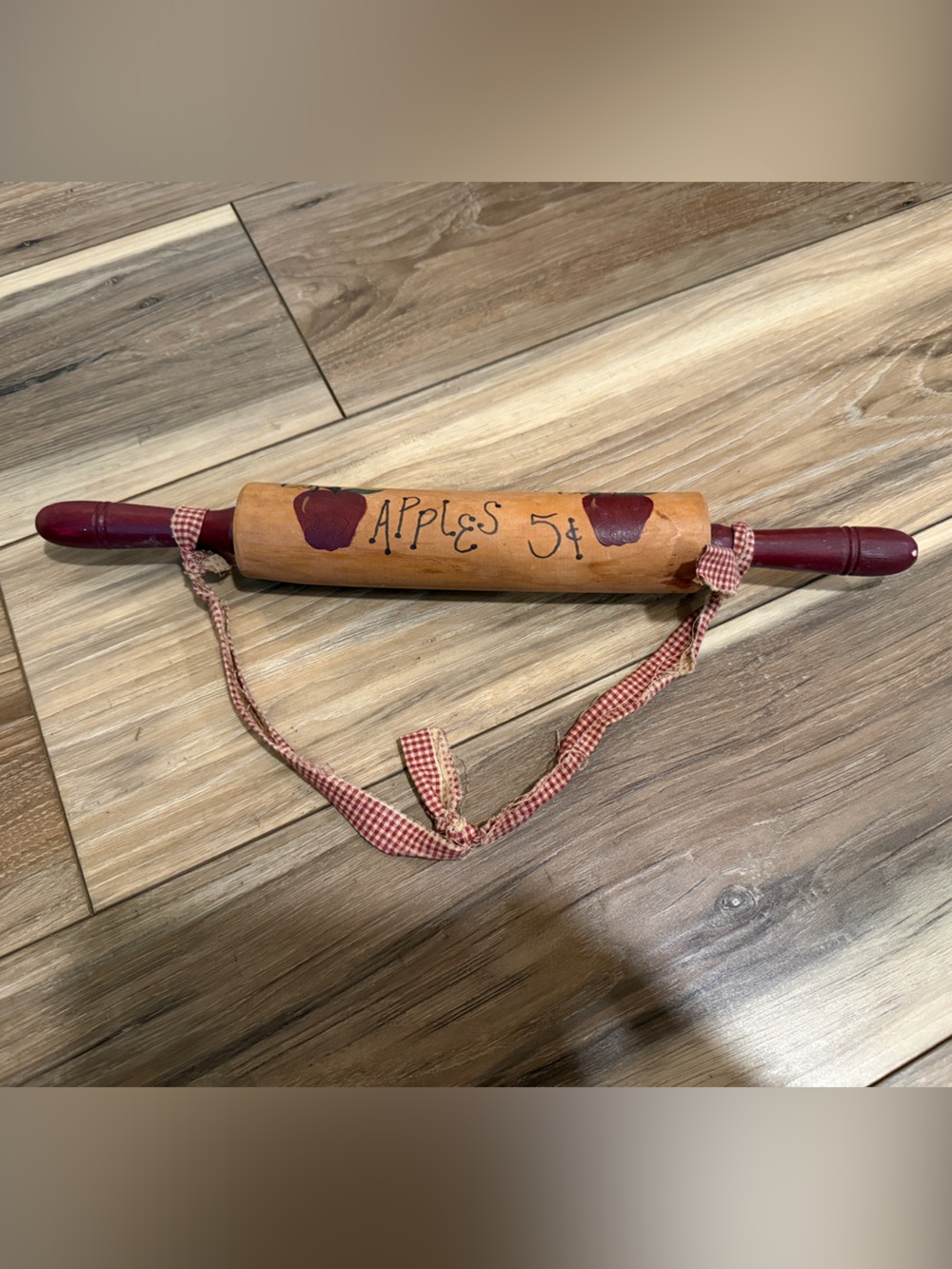 Decorative 'Apples 5¢' Wooden Rolling Pin - Red Accents
